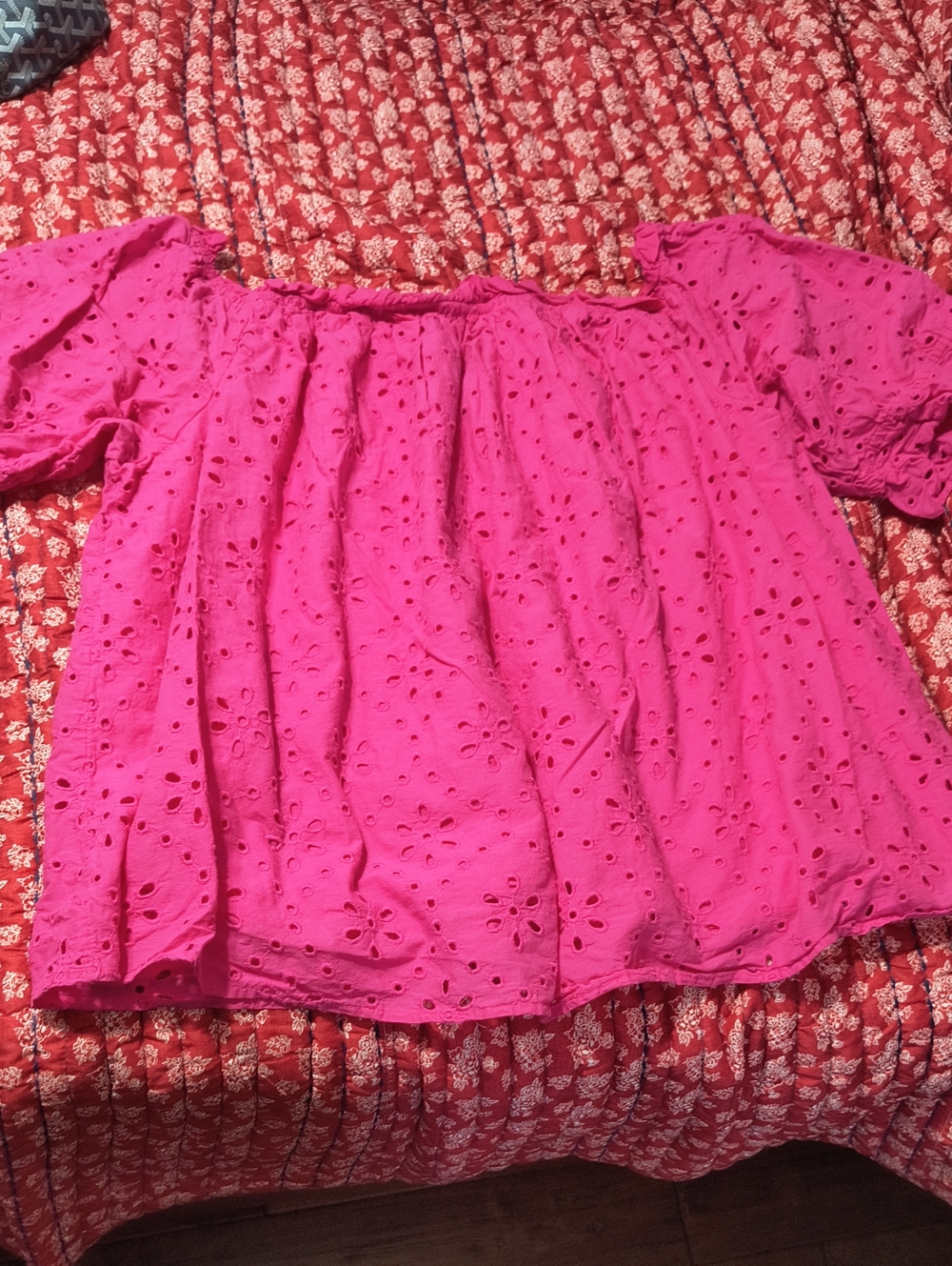 Terra And Sky Hot Pink Eyelet Off-Shoulder Tunic